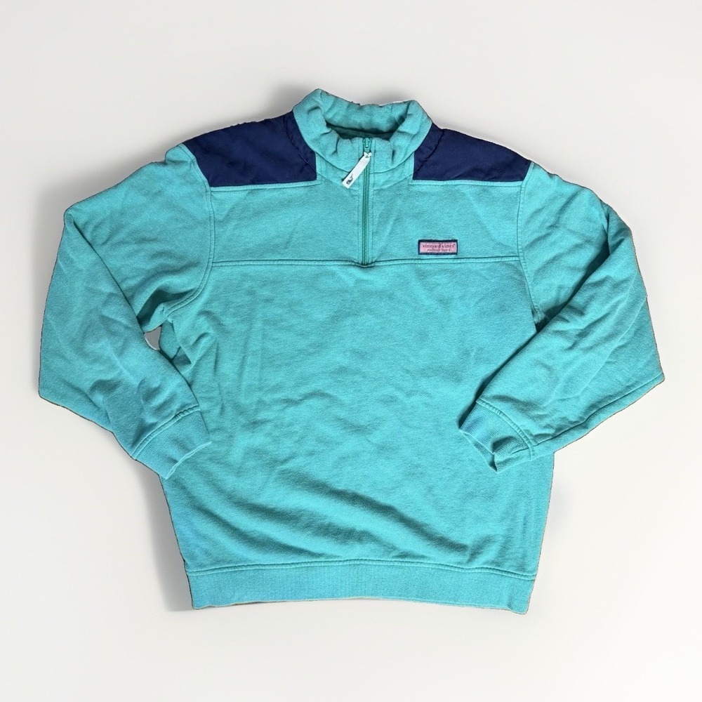 Vineyard Vines Men's green navy blue Fleece 1/4 Zip Colorblock Sweatshirt L